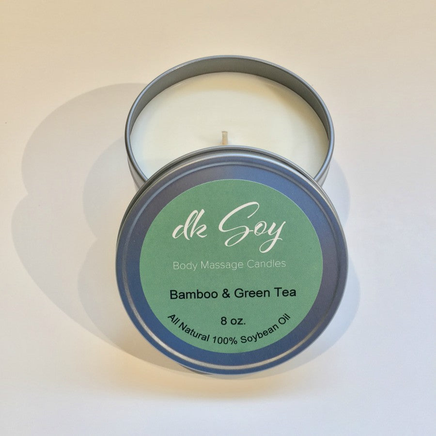 large bamboo green tea travel tin massage oil candle