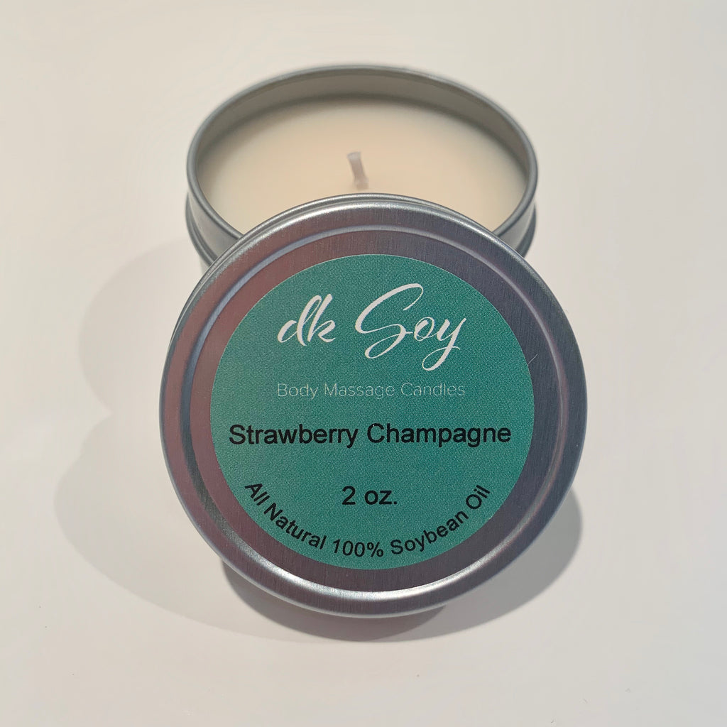 mini strawberry champagne travel tin massage oil candle